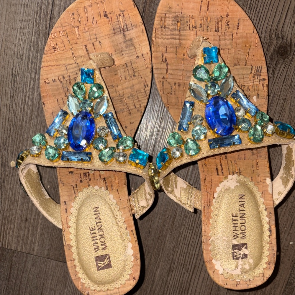White Mountain Women's Tan Sandals/ wedges with Blue and Green Stones